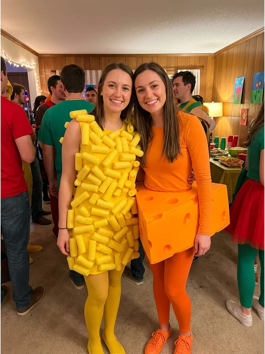Mac and Cheese. One friend dresses as macaroni using yellow tube-shaped pieces, while the other wears a cheese-inspired orange outfit. You can also create matching shirts labeled “