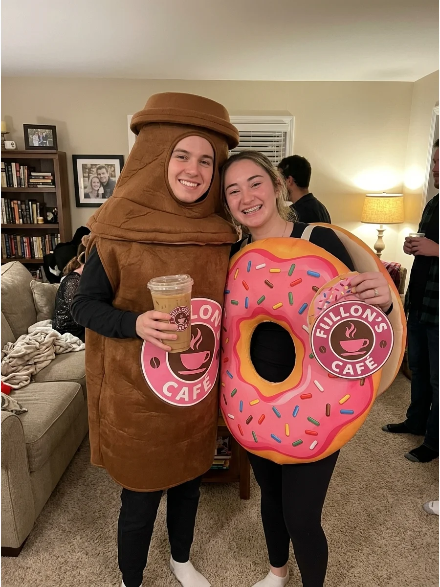 Coffee and Donut. Pair a brown coffee-cup costume with a colorful sprinkled-donut outfit. Matching café logos or coordinated pink-and-brown colors can make the pairing look more po