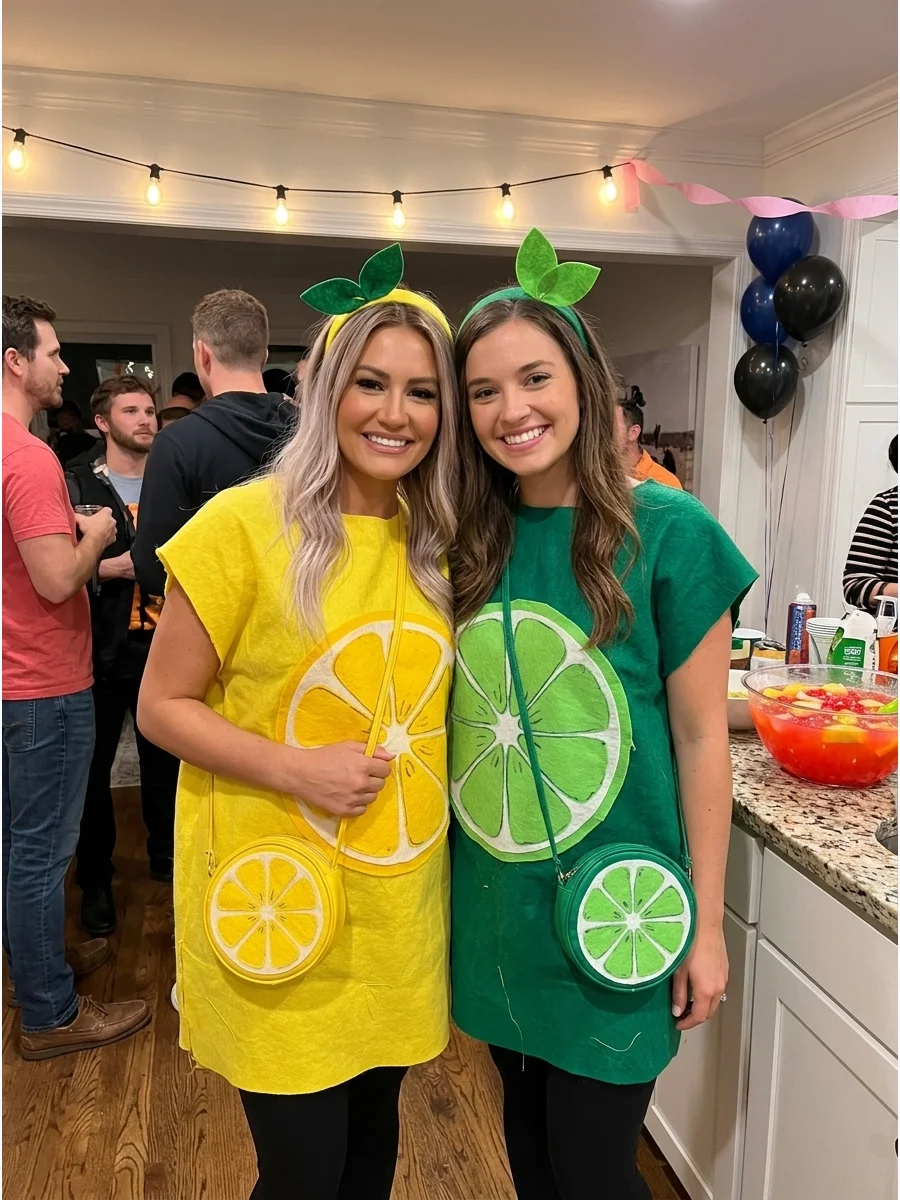 Lemon and Lime. Wear matching citrus-inspired outfits in yellow and green. Add round slice designs, leaf headbands, or fruit-shaped handbags for a cute costume that still feels sim