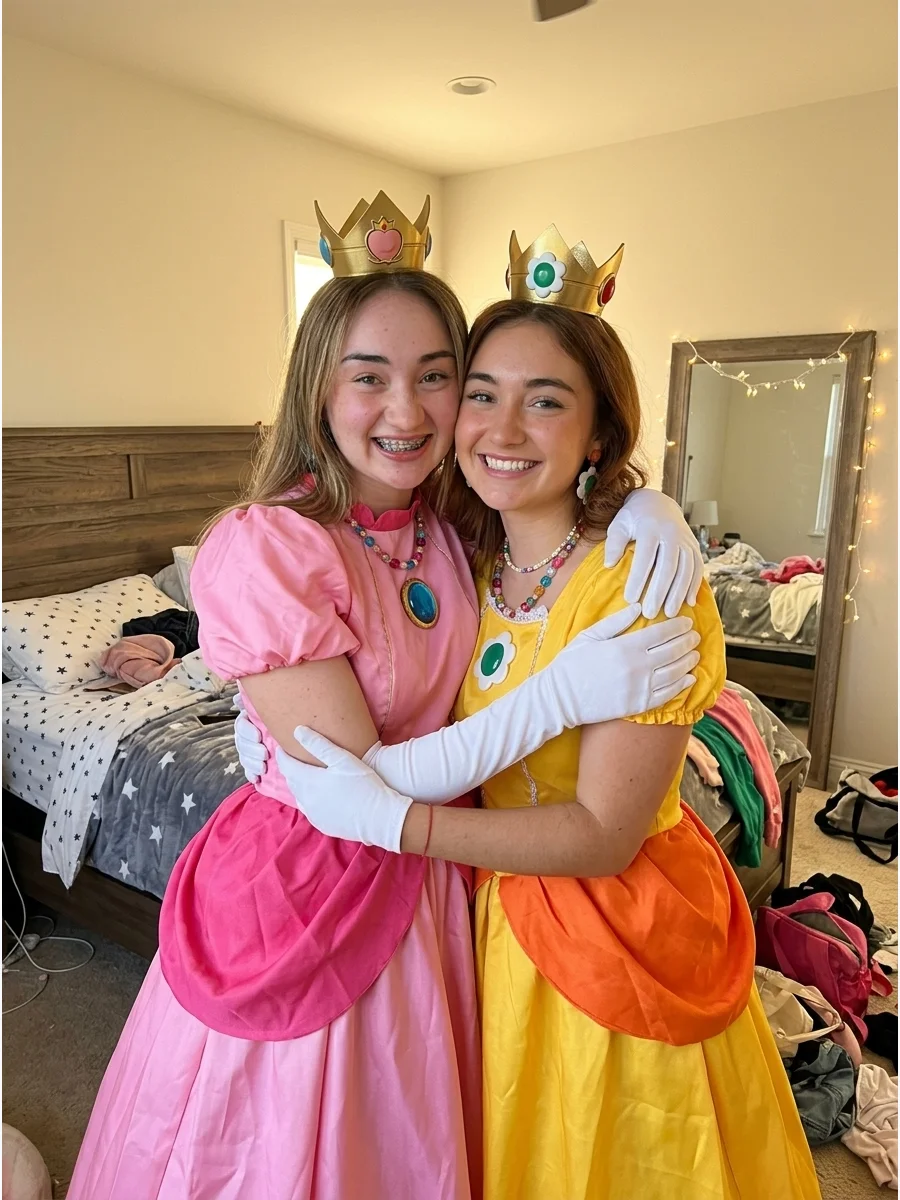 Princess Peach and Princess Daisy. Wear pink and yellow princess dresses, matching crowns, white gloves, and colorful jewelry. Peach and Daisy are a cheerful costume pairing for be