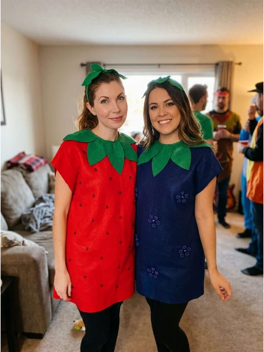 Strawberry and Blueberry. Choose red and blue outfits decorated with small seed or berry details. Finish the costumes with matching green leaf collars or headbands. Matching Costum
