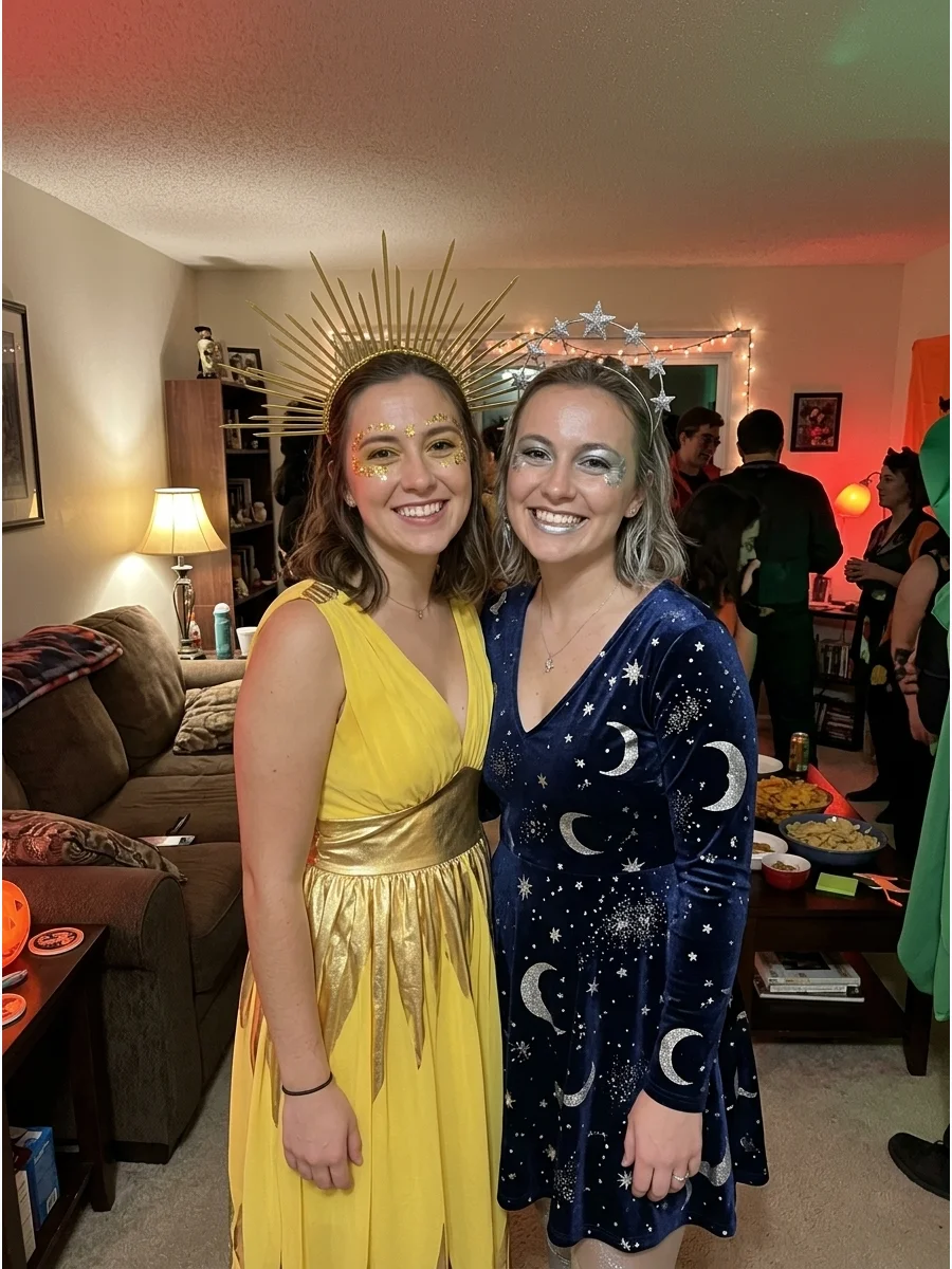 Sun and Moon. One friend can wear gold or yellow with sun-ray accessories while the other wears silver, navy, or black with moon and star details. Metallic makeup can help the cele