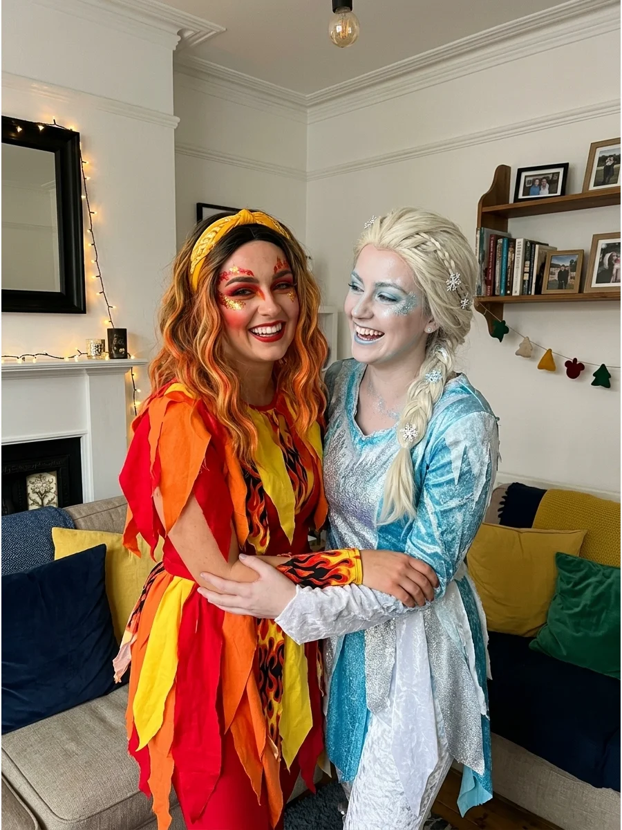 Fire and Ice. Create a warm red, orange, and yellow outfit for fire and a cool blue, silver, and white outfit for ice. Use dramatic makeup, wigs, or layered fabric to emphasize the