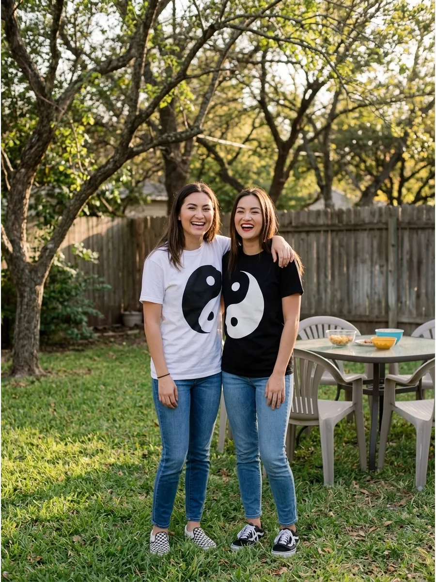 Yin and Yang. Wear matching black-and-white outfits with opposite halves of the yin-yang symbol. When you stand side by side, the designs can connect to create one complete image.