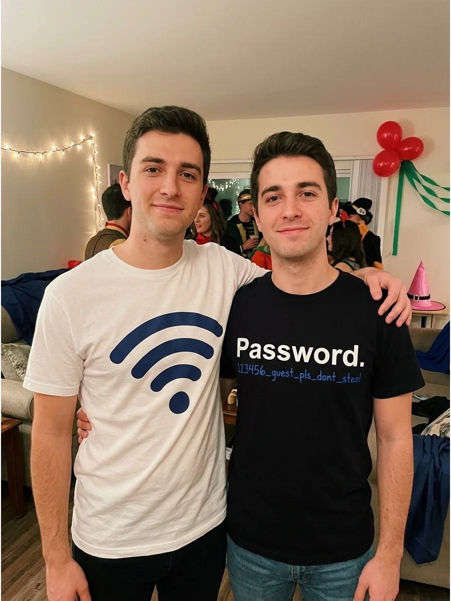 Wi-Fi and Password. One friend wears a shirt featuring a Wi-Fi symbol while the other wears a shirt labeled “Password.” Add a funny made-up password underneath to personalize the c