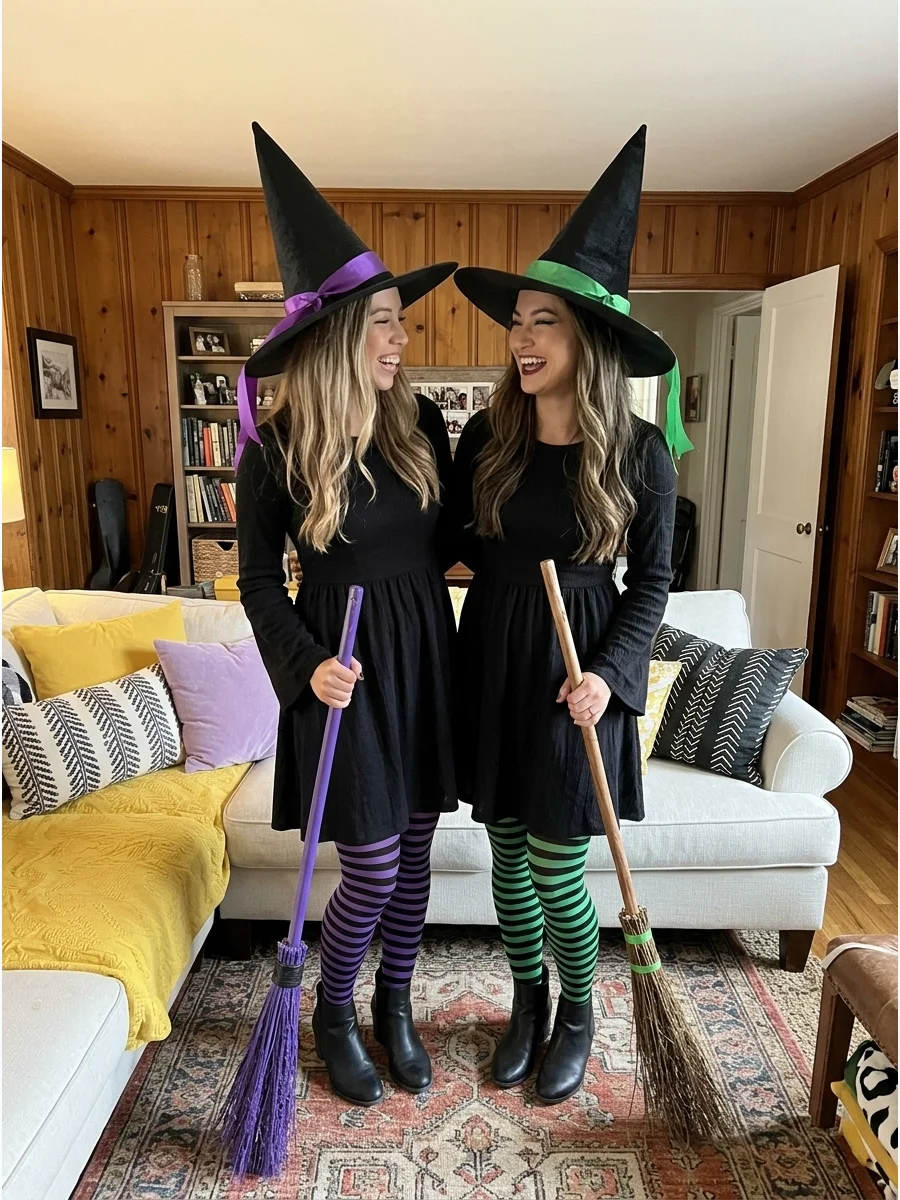 Matching Witches. Wear coordinating black dresses, pointed hats, striped tights, and dark boots. Give each witch a different accent color, such as purple and green, to create indiv