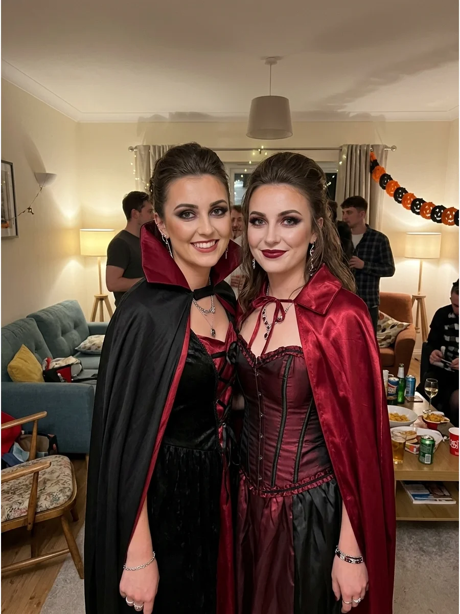 Matching Vampires. Choose coordinated black-and-red outfits with high collars, capes, and elegant gothic makeup. One friend can wear more red while the other uses silver or burgund