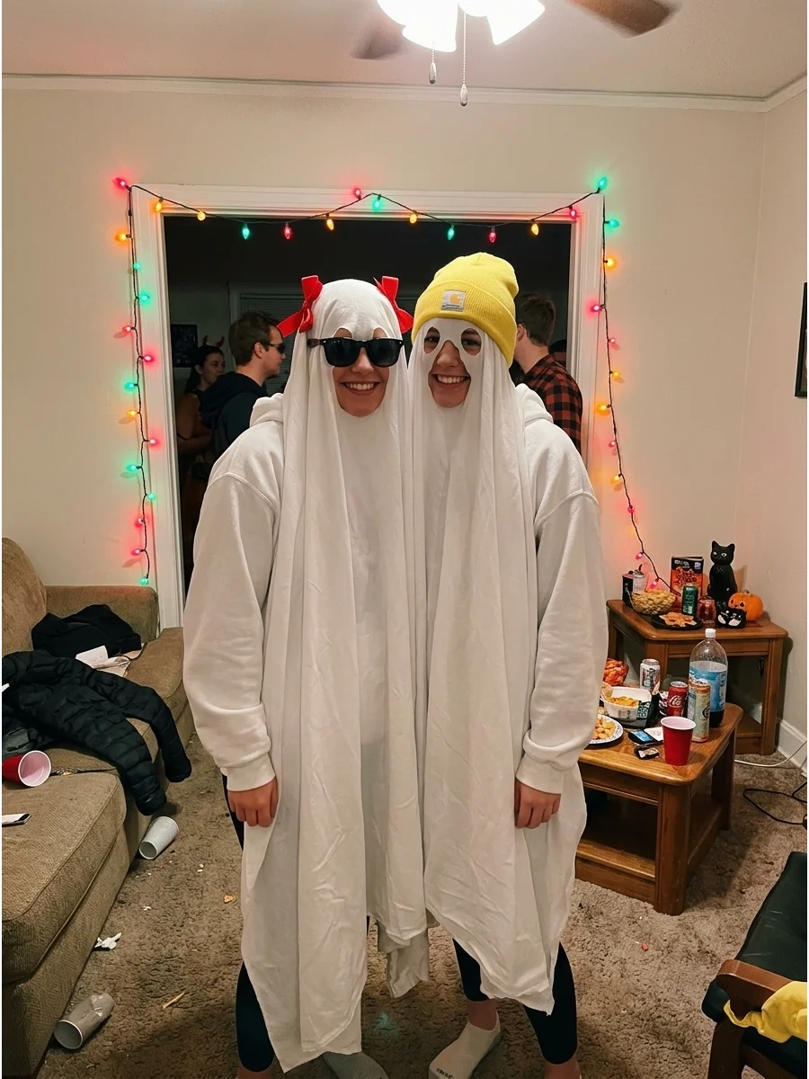 Matching Ghosts. Create matching white ghost costumes using flowing dresses, oversized hoodies, or decorated sheets. Add different accessories, such as bows, sunglasses, or small h