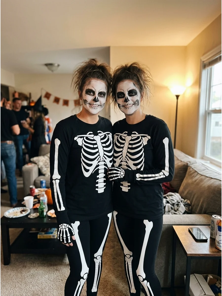 Matching Skeletons. Wear black outfits with white bone designs painted, printed, or attached with felt. Coordinated skull makeup can transform simple clothing into a complete Hallo