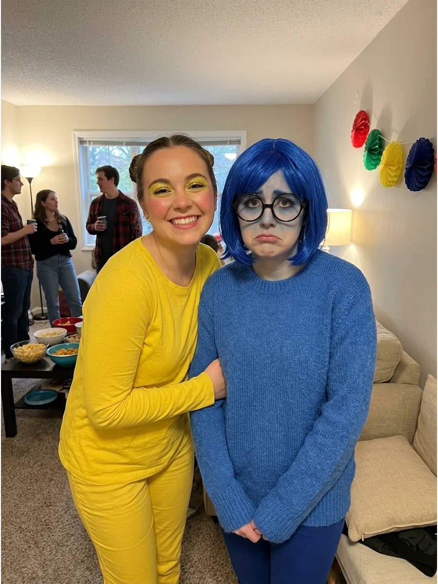 Joy and Sadness from Inside Out. One friend can dress entirely in bright yellow while the other wears blue clothing, glasses, and a blue wig. Add expressive makeup to make the emot
