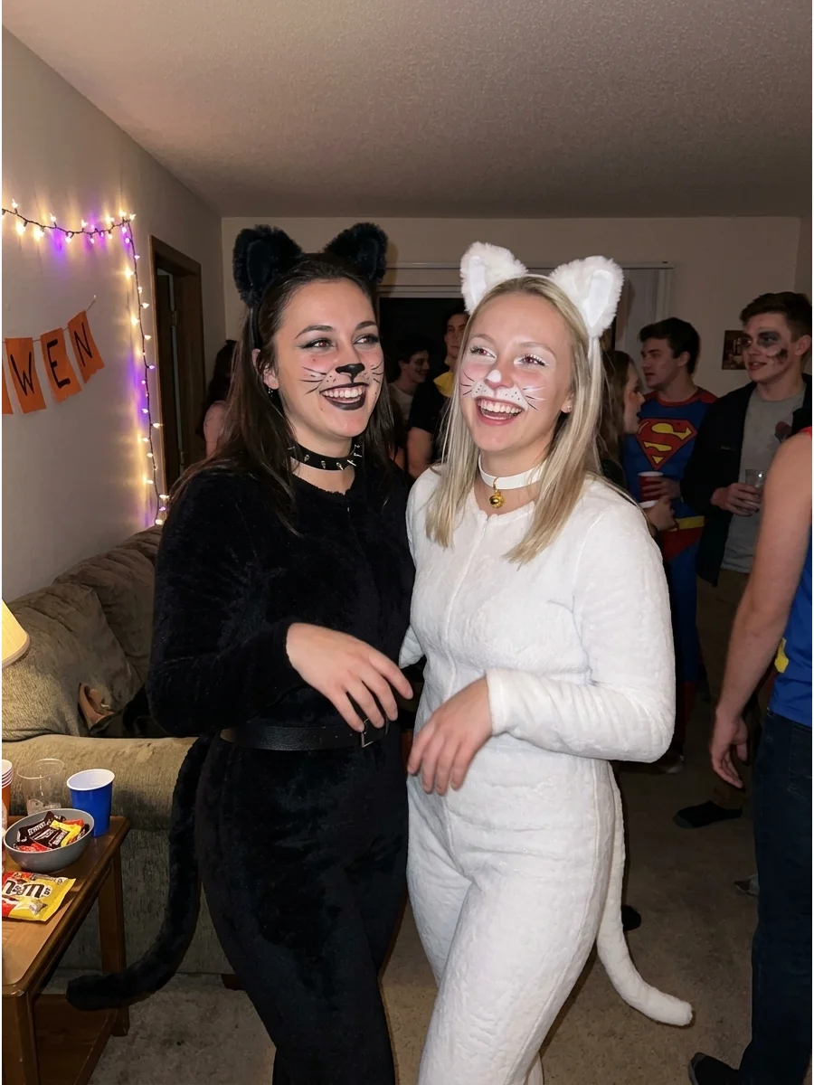 Black Cat and White Cat. One friend dresses entirely in black while the other wears white. Add matching cat ears, tails, whiskers, collars, and opposite-colored makeup. Matching Co