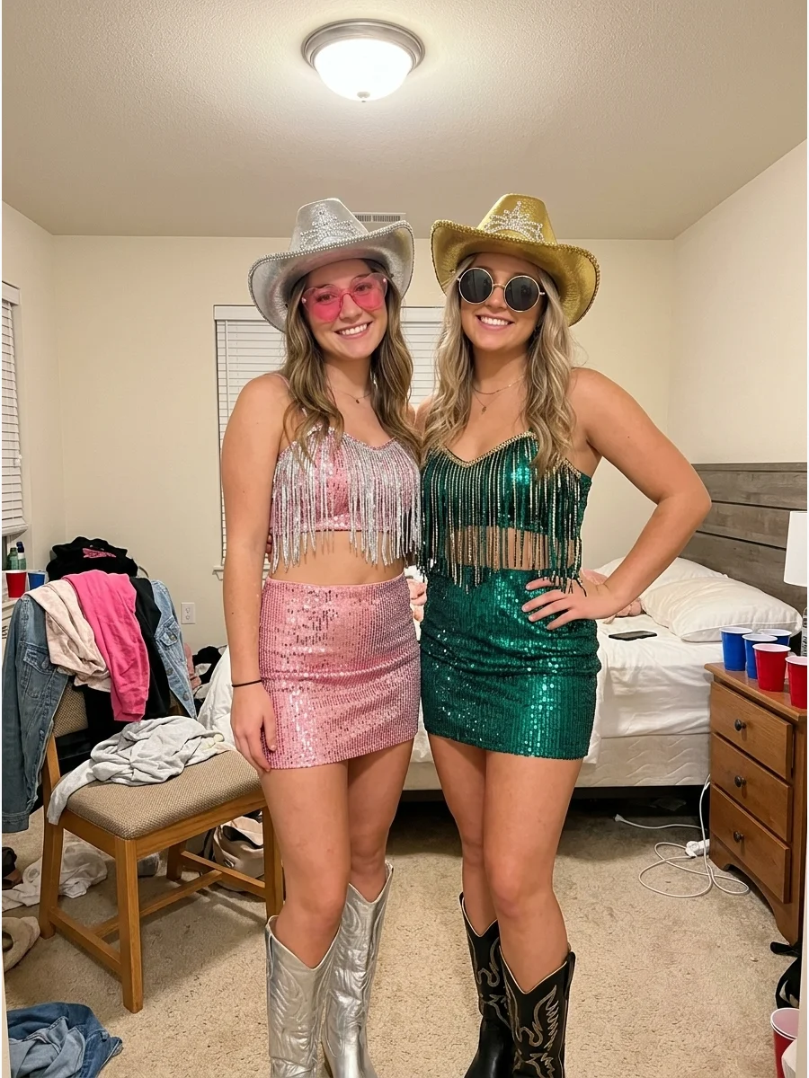 Disco Cowgirls. Combine cowboy hats and boots with sequins, metallic fringe, rhinestones, and colorful sunglasses. Choose coordinated outfits in different shades to create a glamor