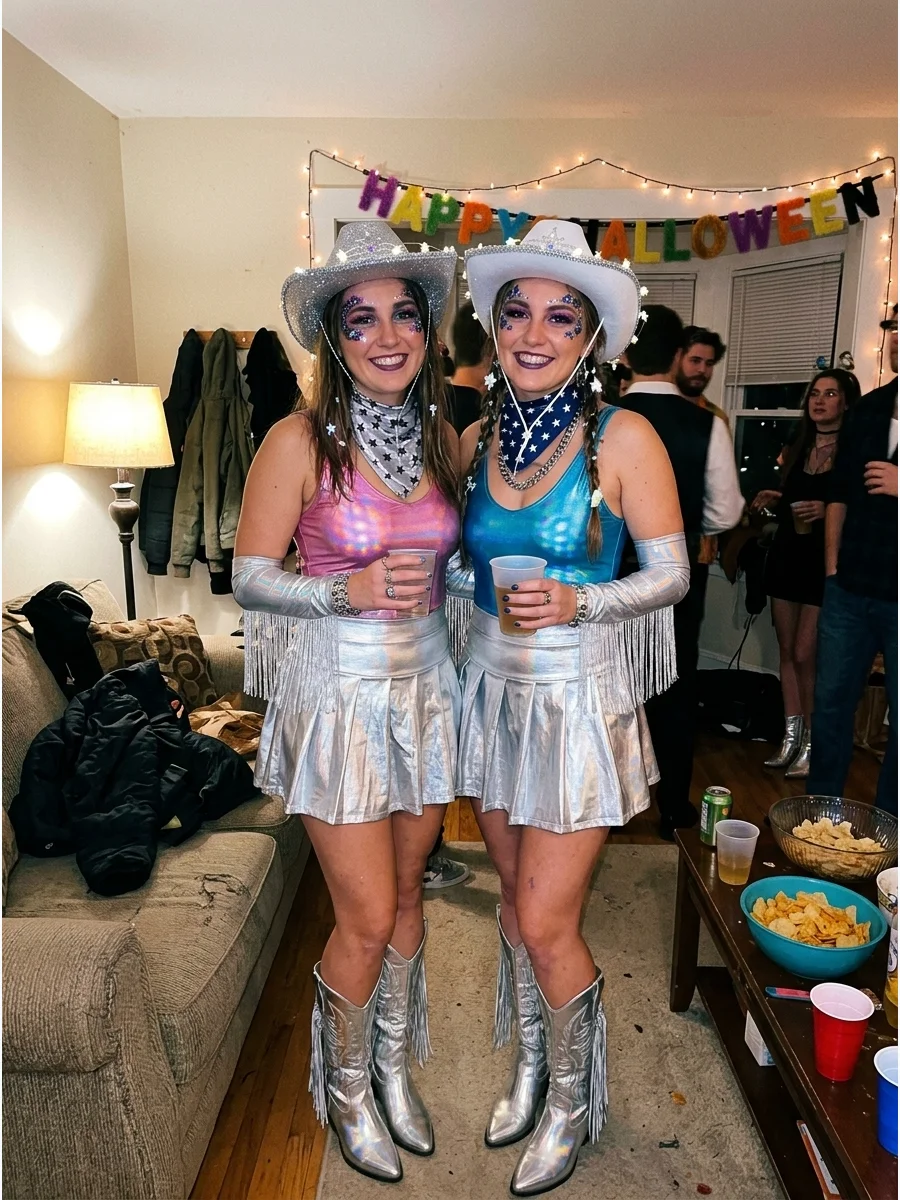 Space Cowgirls. Mix western clothing with silver skirts, holographic tops, metallic boots, and futuristic cowboy hats. Star-shaped accessories and glitter makeup will complete the