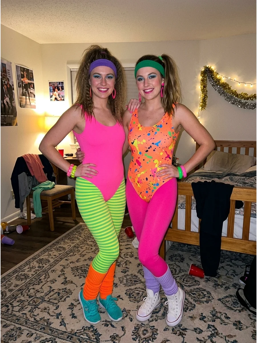 1980s Workout Partners. Wear matching neon leggings, leotards, leg warmers, sweatbands, and sneakers. Use different neon color combinations so both costumes coordinate without bein