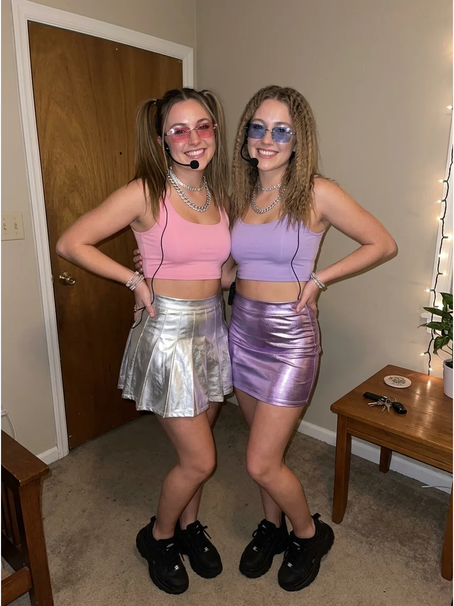 Y2K Pop Star Duo. Pair metallic mini skirts, colorful crop tops, tinted sunglasses, platform shoes, and sparkly accessories. Matching headset microphones can make the two of you lo