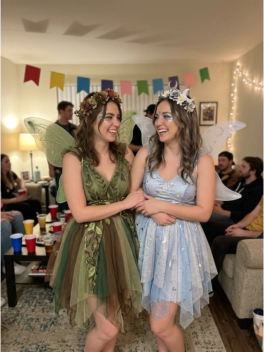 Matching Fairies. Wear coordinated pastel dresses, translucent wings, glitter makeup, and flower crowns. One friend can become a forest fairy while the other chooses a moon, flower