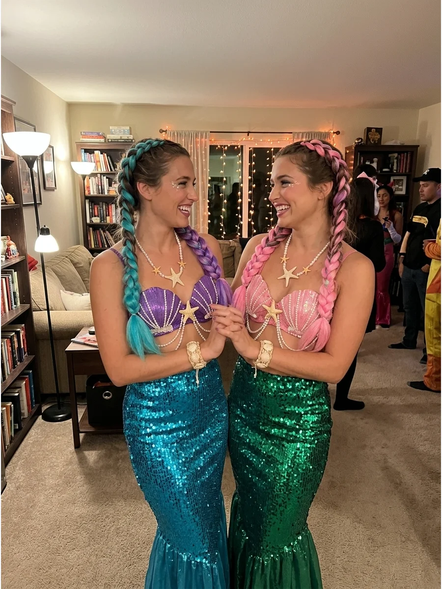 Matching Mermaids. Choose shimmering skirts, shell-inspired tops, pearl accessories, and colorful hair extensions. Use different ocean colors while repeating the same fabrics and a