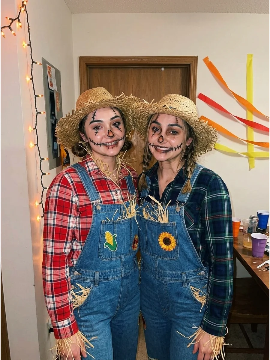 Matching Scarecrows. Wear plaid shirts, denim overalls, straw hats, and stitched scarecrow makeup. Use matching patches or opposite plaid colors to make the costumes feel coordinat