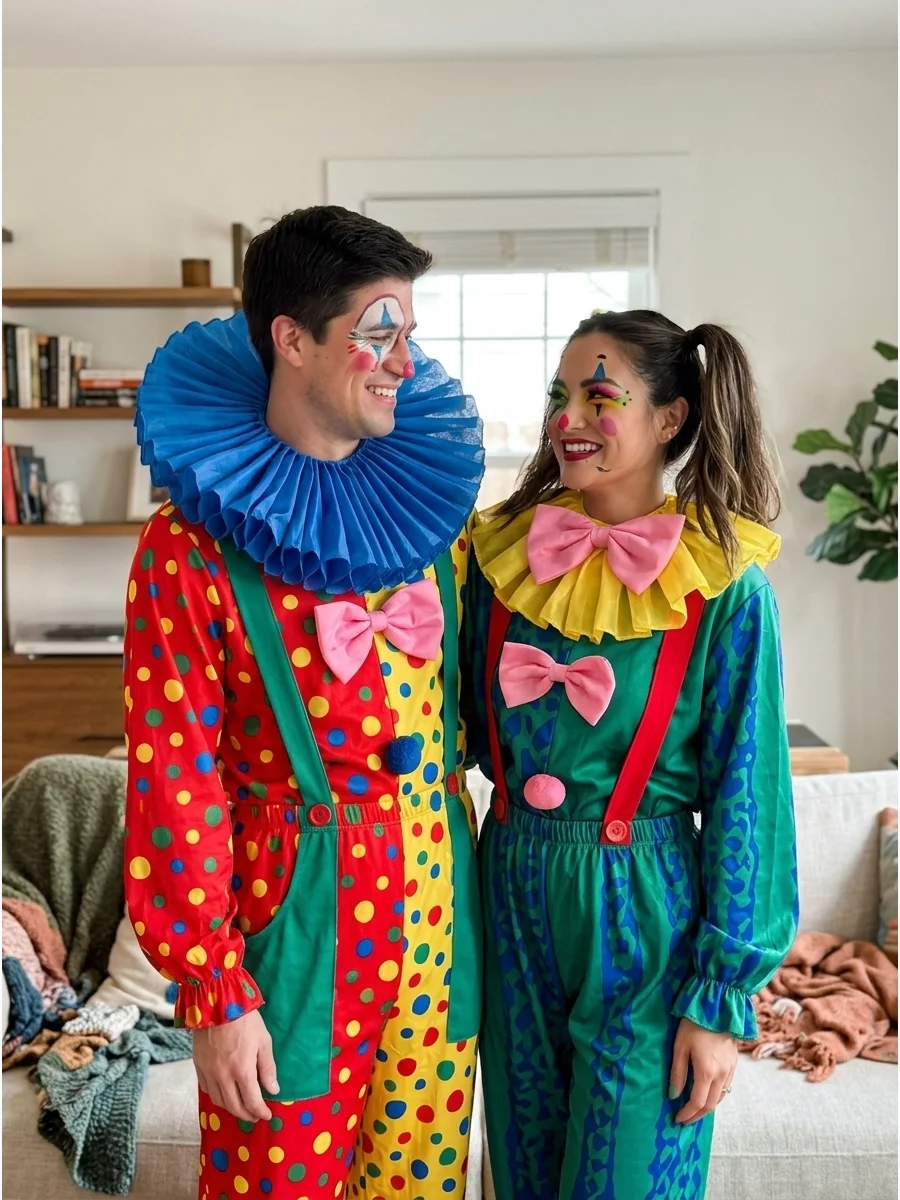 Matching Clowns. Create colorful clown outfits with matching ruffled collars, suspenders, oversized bows, and playful face paint. Each friend can choose a different main color whil