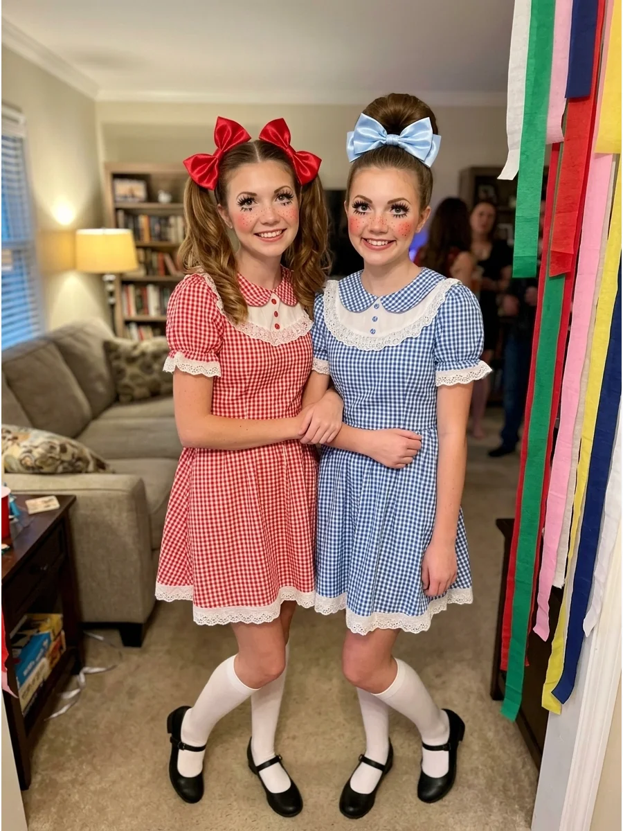 Matching Dolls. Wear coordinated dresses, knee-high socks, bows, and doll-like makeup. Add painted freckles, exaggerated lashes, and matching hairstyles for a cute vintage-toy effe