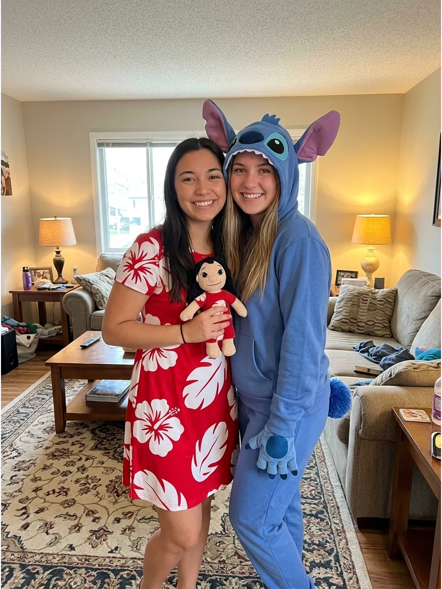 Lilo and Stitch. Dress one friend in Lilo’s red tropical-print dress while the other wears a blue Stitch-inspired outfit with character ears. This cute costume can be comfortable,