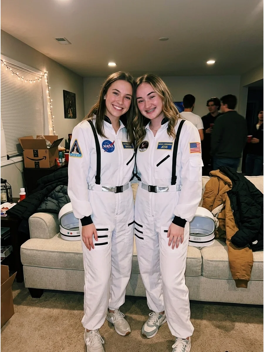Matching Astronauts. Wear matching white jumpsuits decorated with space patches, name labels, silver belts, and helmet-inspired accessories. Personalize each costume with a differe