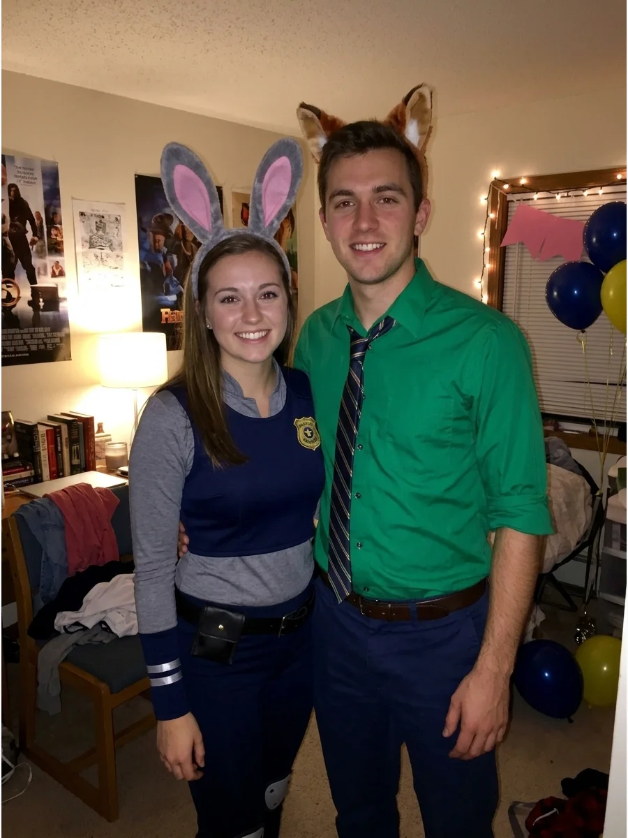 Judy Hopps and Nick Wilde. Combine a gray bunny-inspired police-style outfit with Nick’s green shirt, striped tie, and fox ears. The two different animal looks create a coordinated