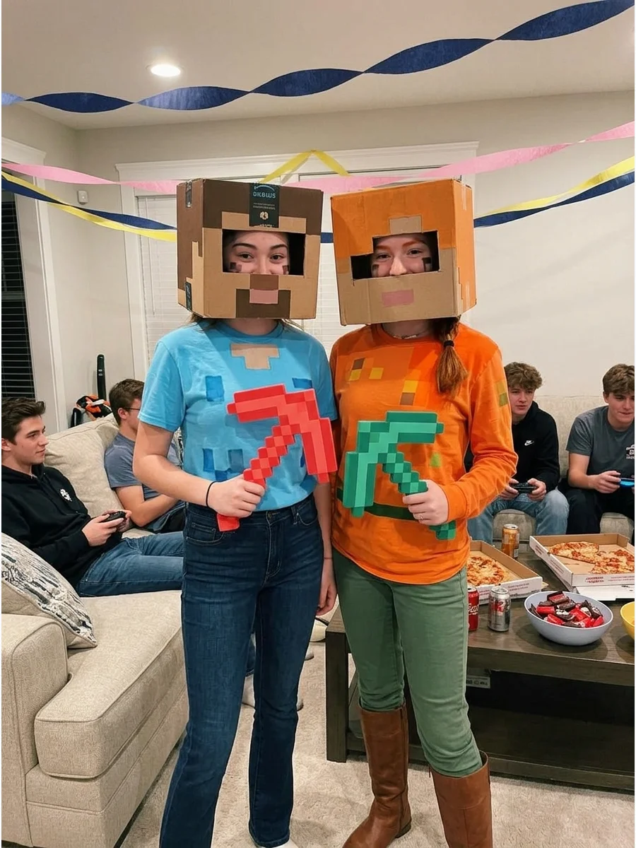 Steve and Alex from Minecraft. Use square cardboard accessories, pixel-style shirts, and block-inspired makeup to recreate Steve and Alex. This costume is affordable to make and wo