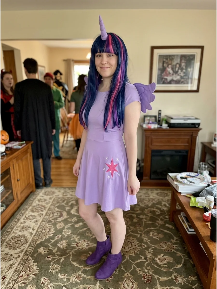 Twilight Sparkle Costume. Create a Twilight Sparkle costume with a lavender dress, purple boots, and a dark blue wig featuring pink and purple streaks. Add a unicorn horn, small pu