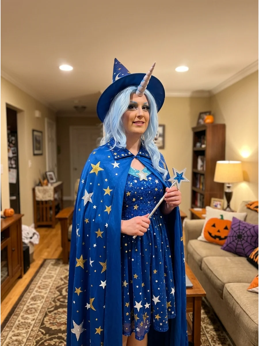 Trixie Lulamoon Costume. Wear a blue dress or cape decorated with stars for a dramatic Trixie costume. Finish the outfit with a pale blue wig, unicorn horn, magician’s hat, and mat
