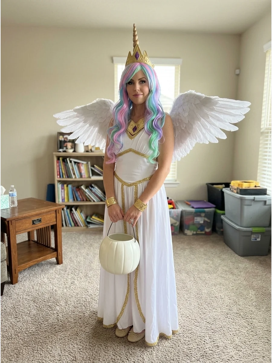 Princess Celestia Costume. Choose a long white dress with gold accessories for a regal Princess Celestia costume. Add large white wings, a gold crown, a unicorn horn, and a pastel