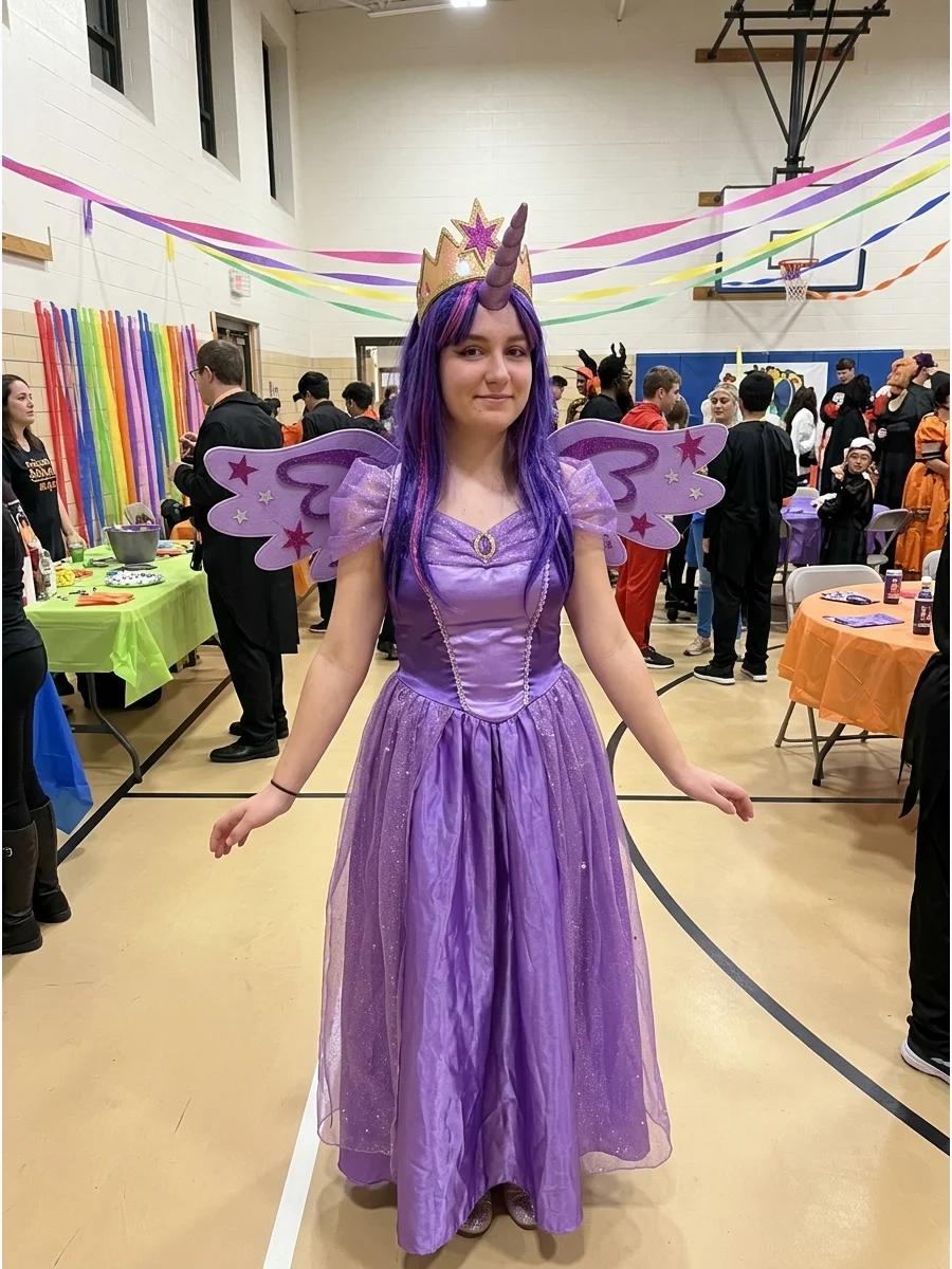 Princess Twilight Sparkle Costume. Turn the classic Twilight Sparkle outfit into a royal costume with a longer purple dress and glittering accessories. Add a crown, wings, horn, an