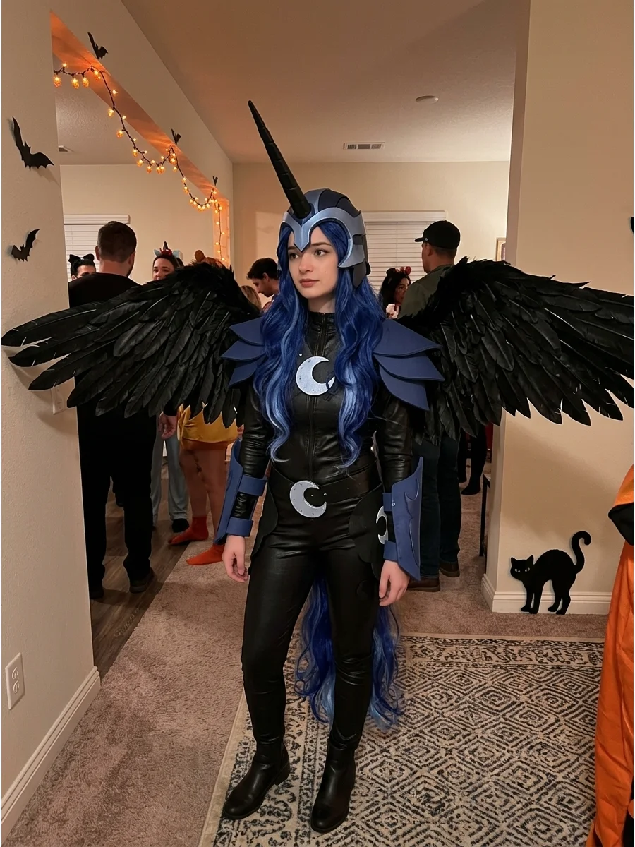 Nightmare Moon Costume. Wear a black or very dark blue outfit with dramatic armor-inspired details. Add large wings, a long horn, moon-shaped accessories, and a flowing blue mane f
