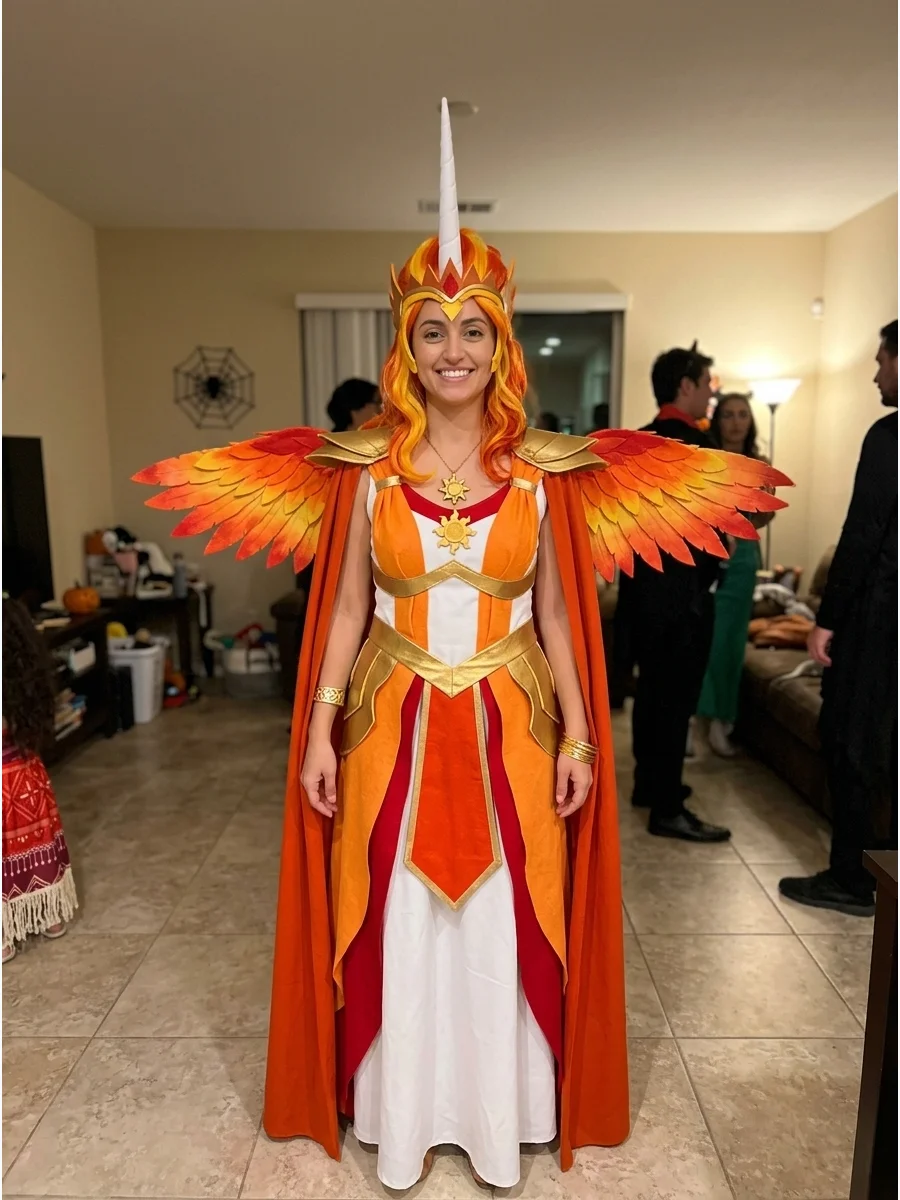 Daybreaker-Inspired Costume. Create a fiery royal pony outfit with a white dress, orange-red cape, and gold armor-style accents. Add flame-colored hair, wings, a long horn, and sun
