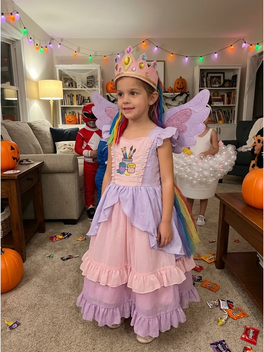 Pastel Pony Princess Costume. Design an original pony princess using a pastel dress, matching wings, and a handmade crown. Choose your own color palette and create a personalized c