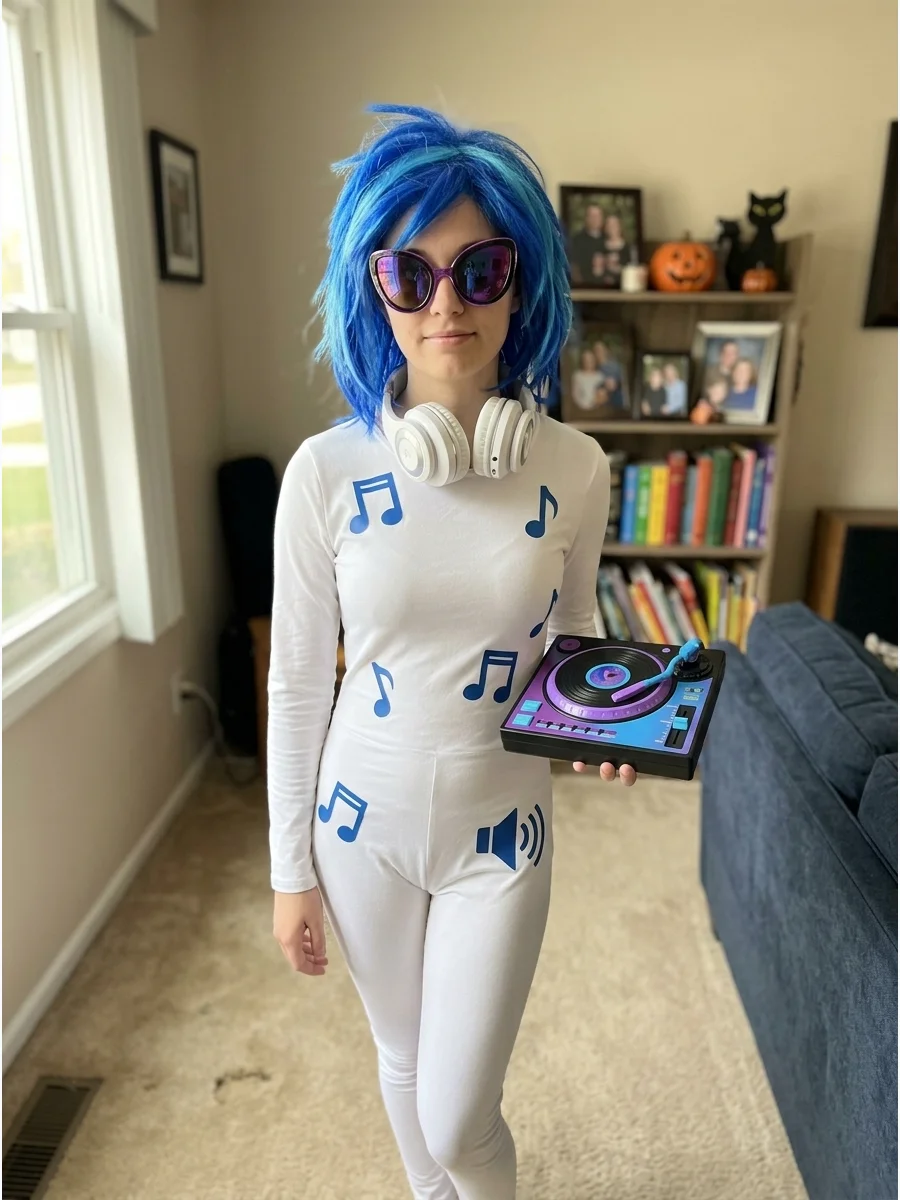 DJ Pon-3 Costume. Wear a white outfit with bright blue accessories and oversized purple sunglasses. Add a spiky blue wig, headphones, and music-note decorations for a DJ Pon-3-insp