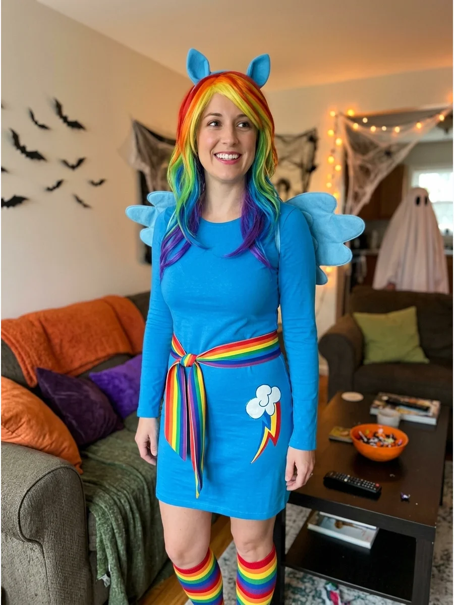 Rainbow Dash Costume. Wear a bright blue outfit with rainbow-striped accessories for an unmistakable Rainbow Dash costume. Finish it with a rainbow wig, blue wings, pony ears, and