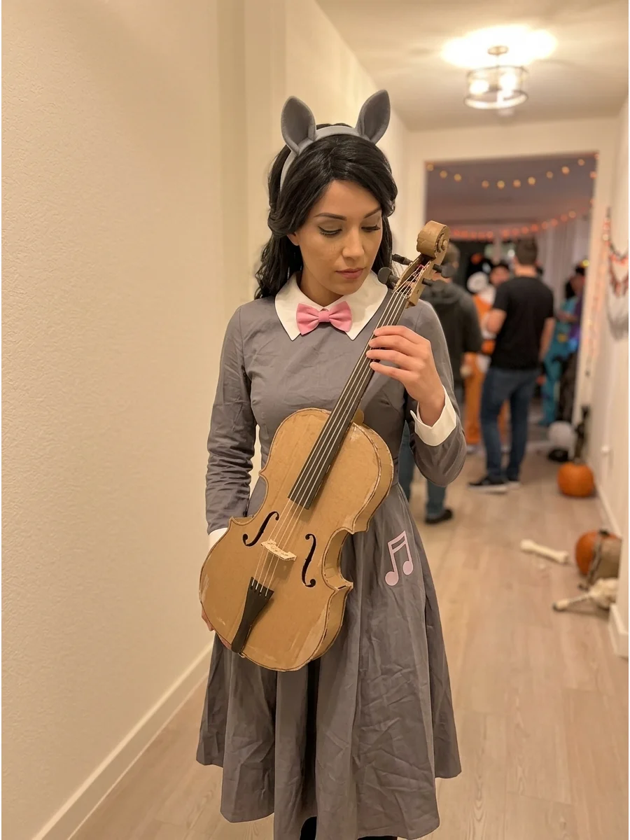Octavia Melody Costume. Choose an elegant gray dress with a white collar and pink bow tie. Add dark hair, pony ears, a musical-note cutie mark, and a lightweight cardboard cello ac