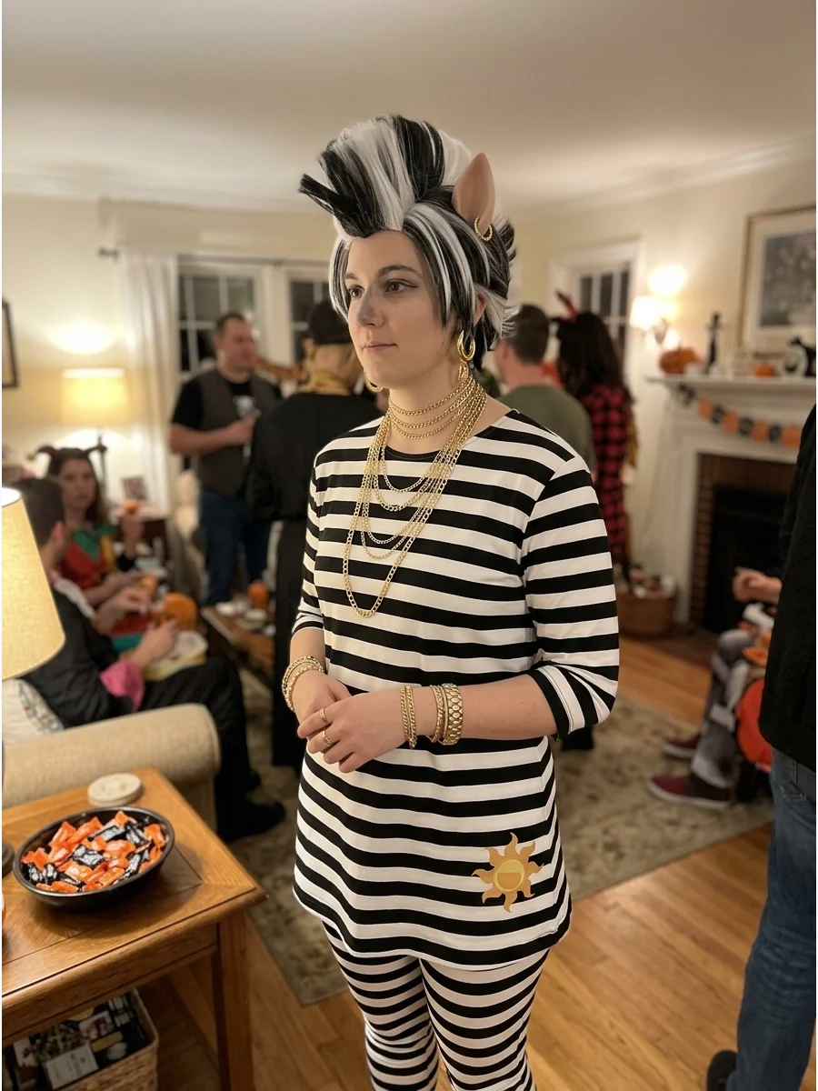Zecora Costume. Use black-and-white striped clothing with gold jewelry for a Zecora-inspired outfit. Add a striped mane, pony ears, and a sun-shaped symbol while keeping the stylin