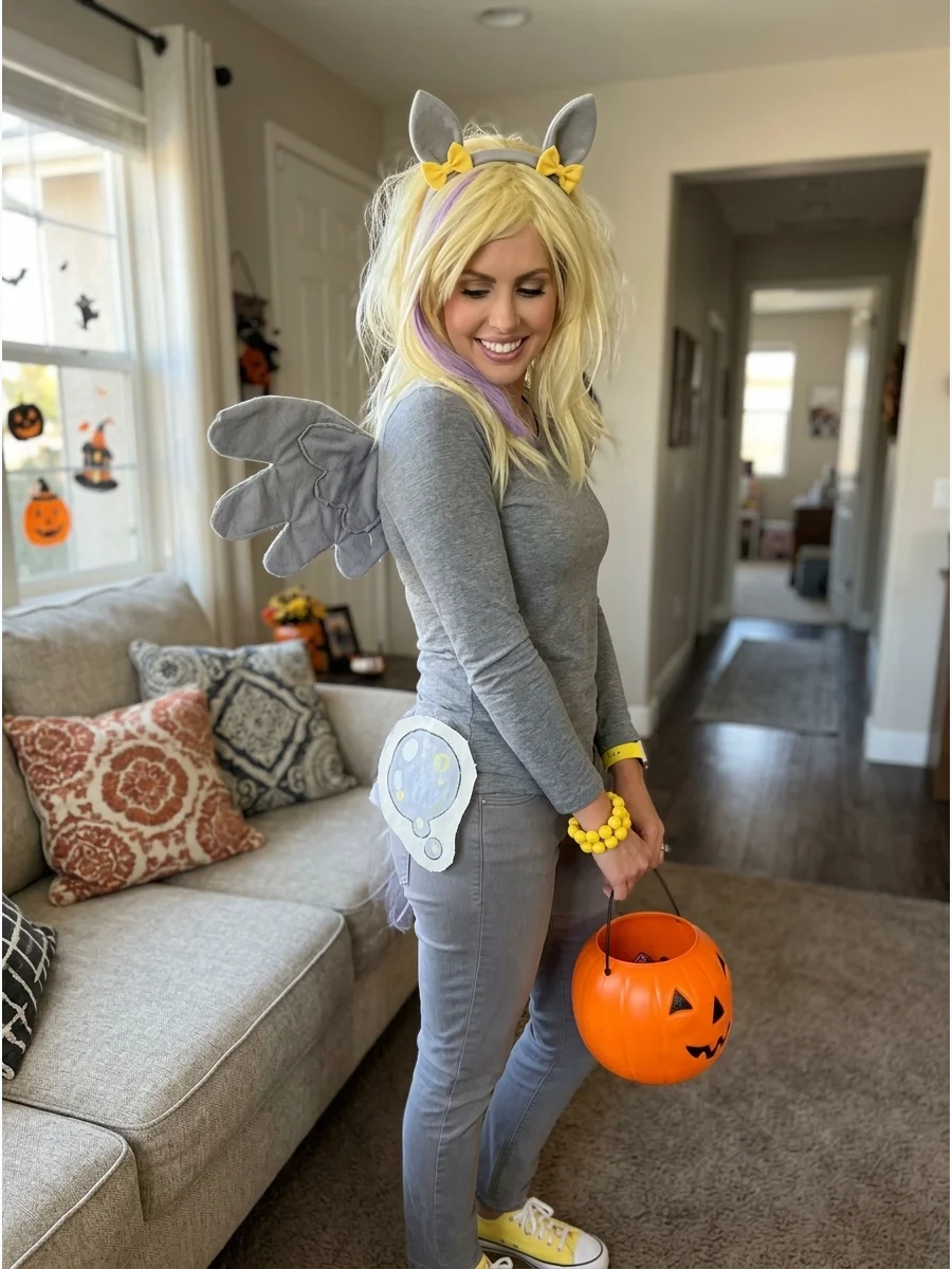 Derpy-Inspired Costume. Wear a soft gray outfit with a blonde wig and yellow accessories. Add gray wings, pony ears, and a bubble-shaped cutie mark for a simple and recognizable fa