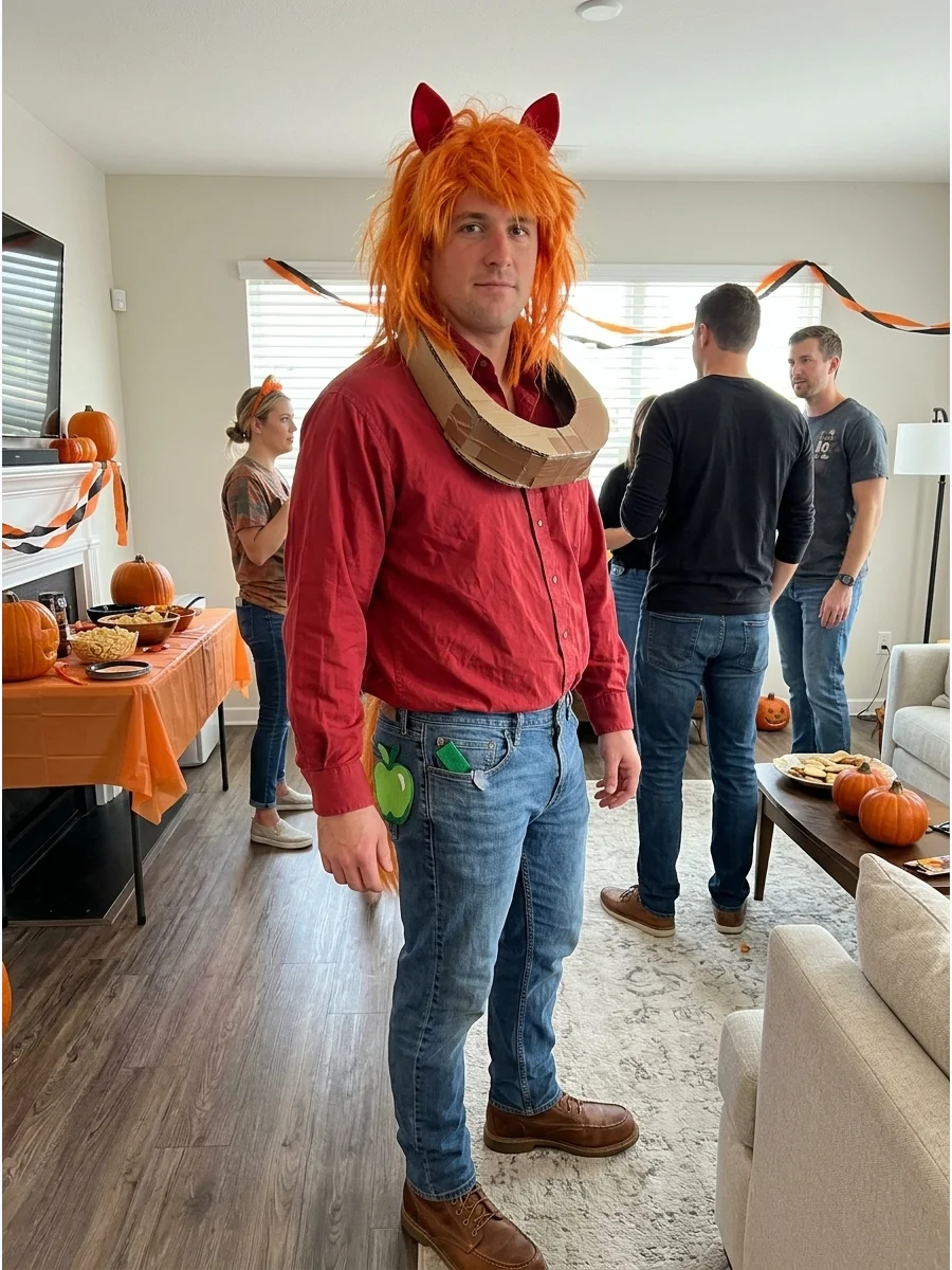 Big Macintosh Costume. Combine a red shirt with jeans, work boots, and an orange or blonde mane. Add red pony ears, a green apple cutie mark, and a lightweight horse collar made fr