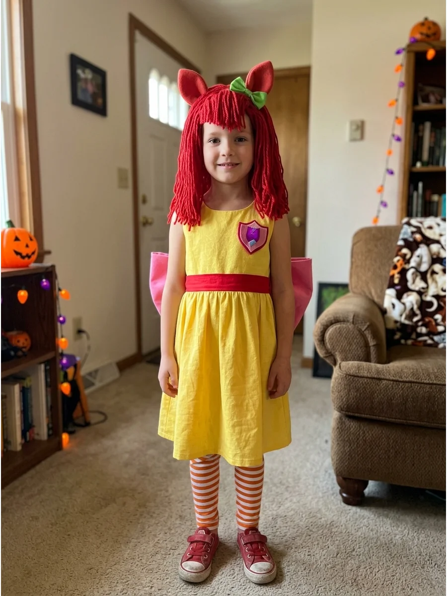 Apple Bloom Costume. Choose a yellow dress or top with red accessories and a large pink bow. Add pony ears, a red mane or wig, and the Cutie Mark Crusaders shield symbol. my little