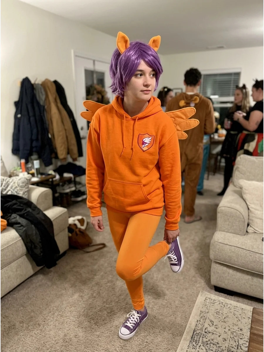 Scootaloo Costume. Create a Scootaloo costume using an orange outfit with purple sneakers or boots. Add a short purple wig, small wings, pony ears, and the Cutie Mark Crusaders sym