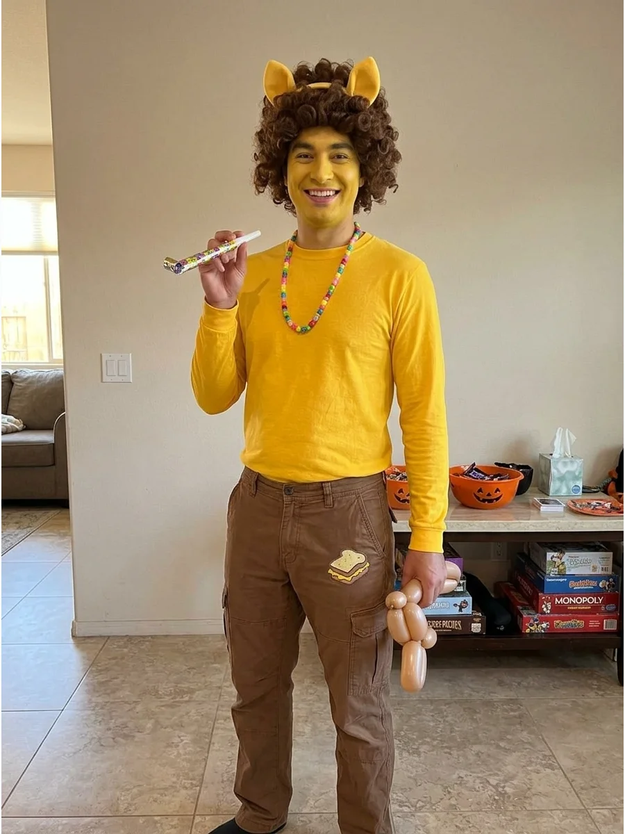 Cheese Sandwich Costume. Wear a yellow shirt or jumpsuit with brown pants and playful party accessories. Add a curly brown mane, pony ears, and a cheese-sandwich cutie mark for a f