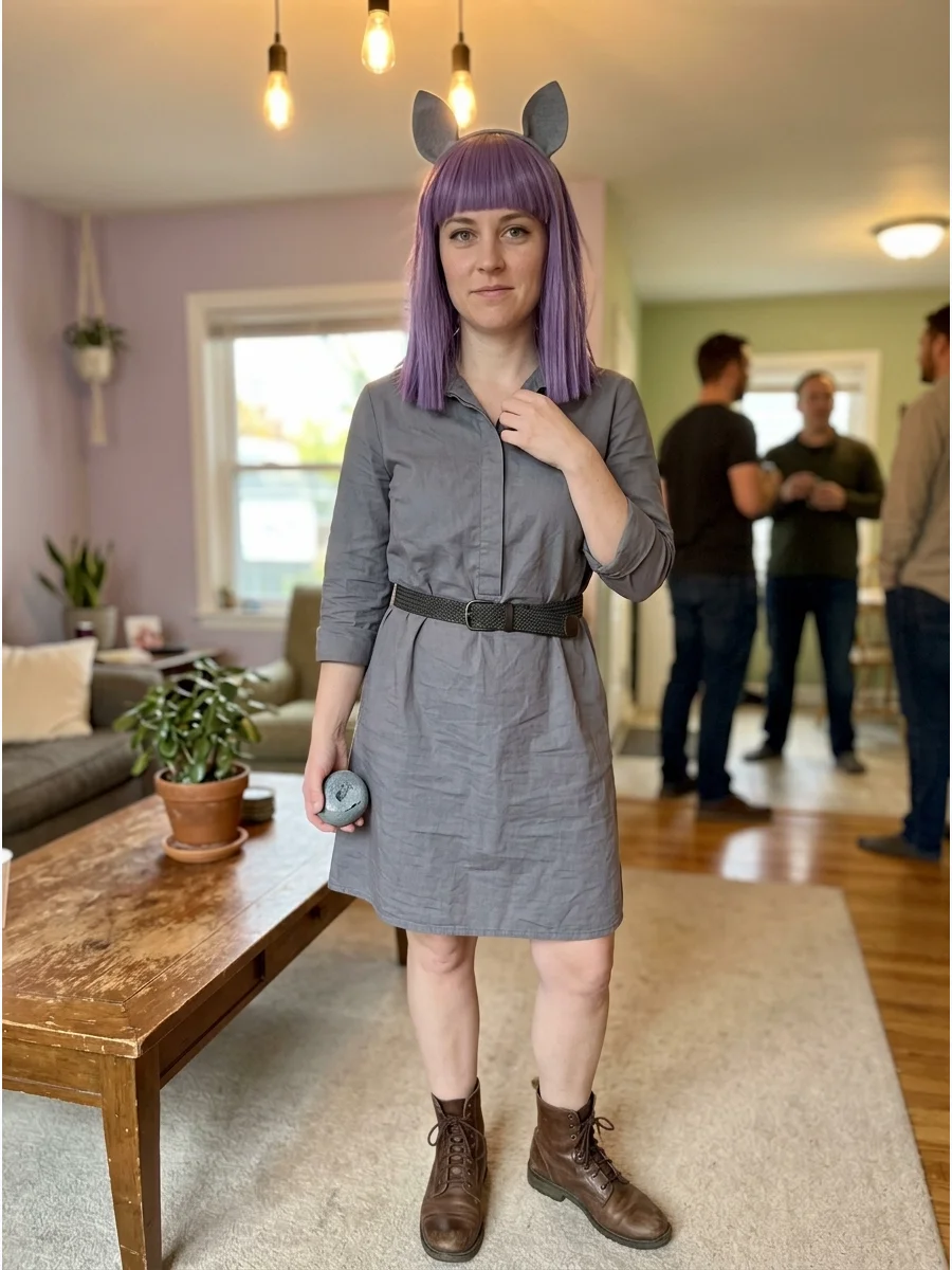 Maud Pie Costume. Choose a simple gray dress with a dark belt and practical shoes. Add straight purple hair, gray pony ears, and a small rock accessory to capture Maud Pie’s unders