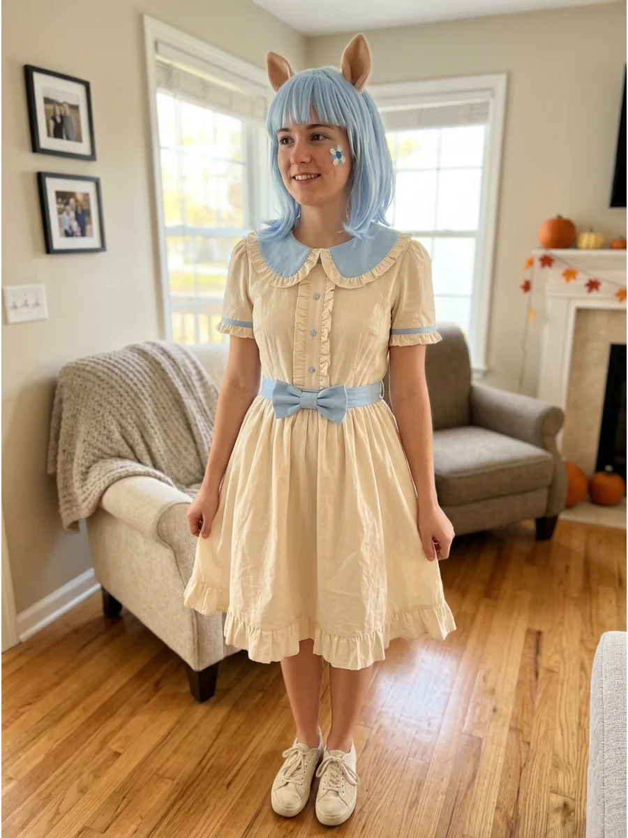 Coco Pommel Costume. Wear a cream-colored dress with soft blue accessories for a fashionable Coco Pommel costume. Add a pale blue mane, pony ears, and a flower-shaped cutie mark. m
