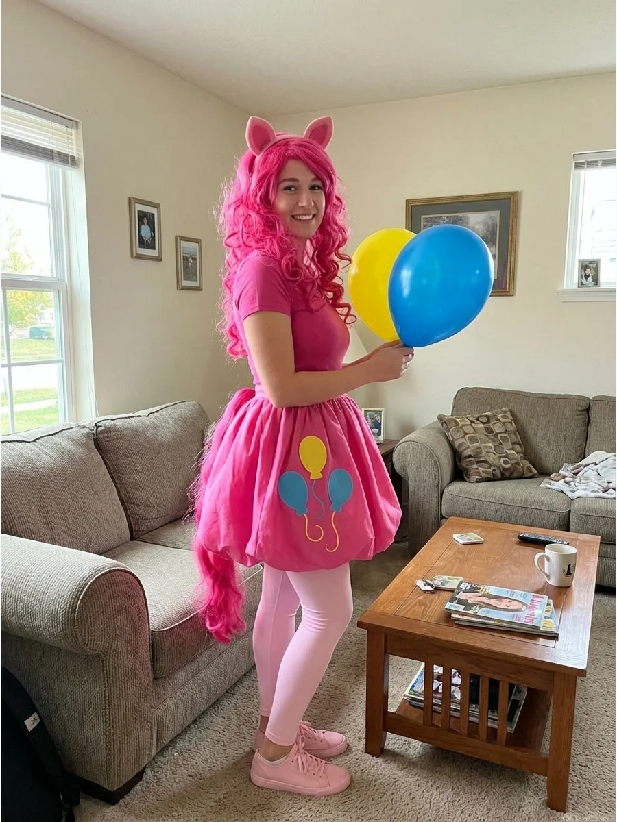 Pinkie Pie Costume. Build a playful Pinkie Pie outfit around a bright pink dress, skirt, or jumpsuit. Add a curly pink wig, balloon accessories, pony ears, and a three-balloon cuti