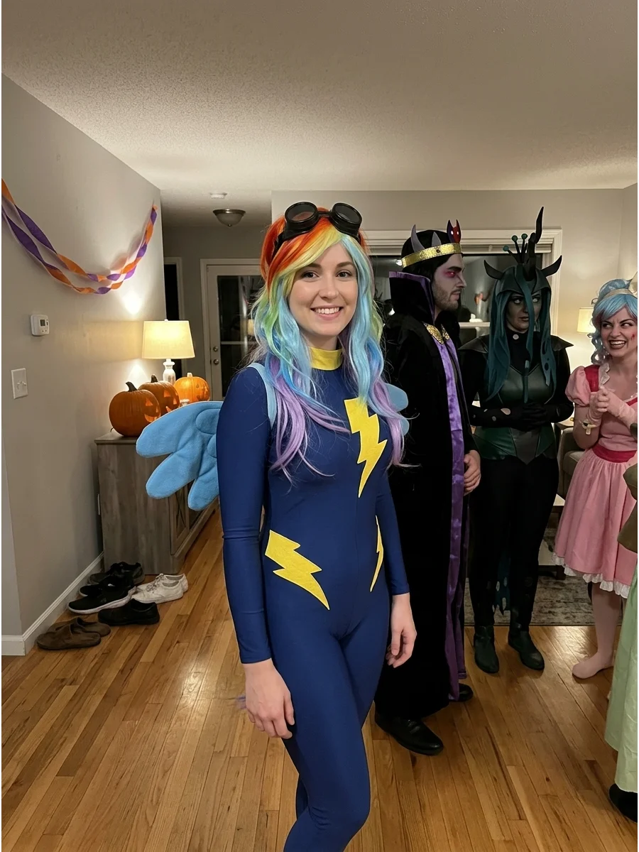 Wonderbolt Costume. Create a sporty Wonderbolt uniform with a fitted blue jumpsuit or matching blue separates. Add yellow lightning details, goggles, wings, and a colorful mane ins