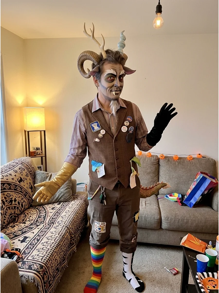Discord Costume. Mix mismatched clothing, patterns, gloves, socks, and accessories to represent Discord’s chaotic appearance. Add two different horns, a small tail, and theatrical