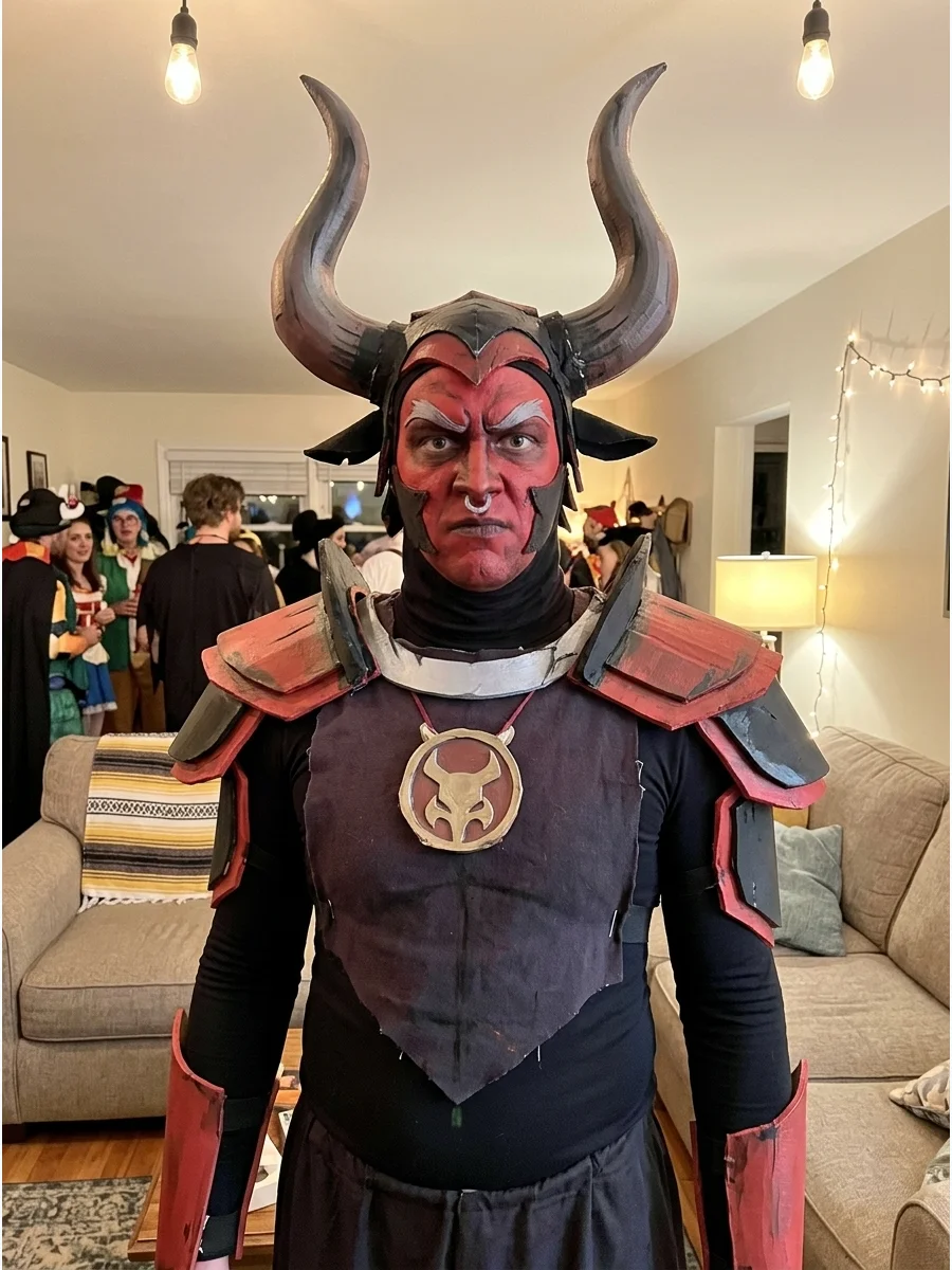 Lord Tirek Costume. Build a red-and-black fantasy outfit using a dark top, red face accents, and foam armor pieces. Add curved costume horns and a lightweight medallion to make the